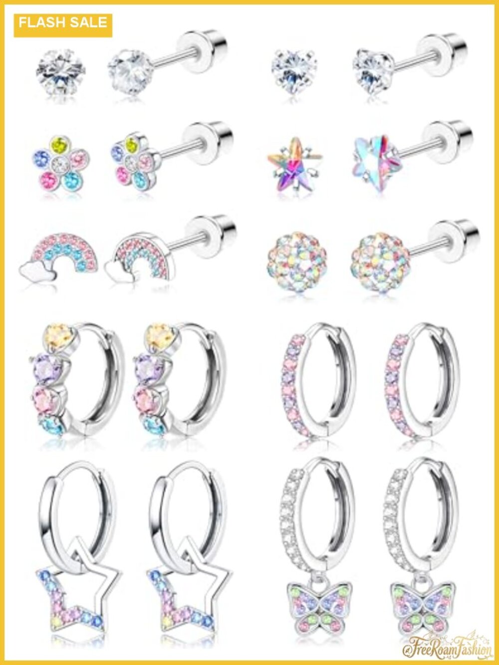 Hypoallergenic Screw Back Stud Earrings Set Surgical Steel CZ for Girls Women